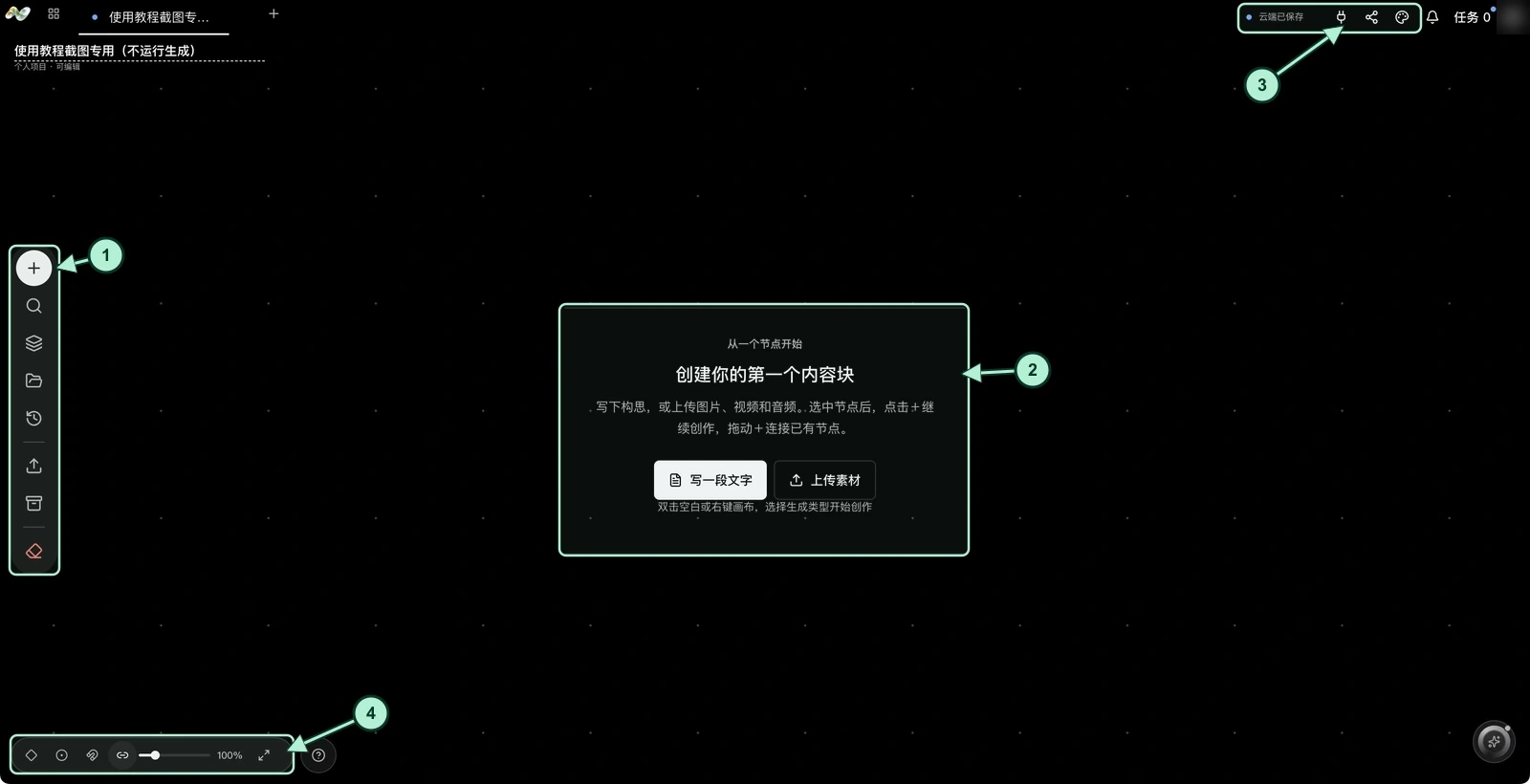 真实教学空画布：1 左侧工具栏，2 中央起步提示，3 右上保存状态与连接 Agent，4 左下缩放控件。