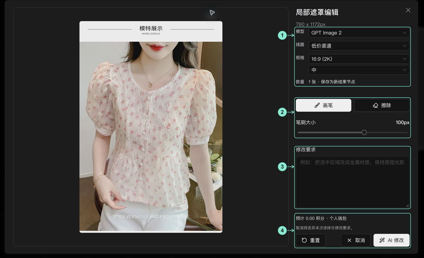 真实局部遮罩编辑窗口：左侧为未涂抹的来源图；1 模型、路线与规格，2 画笔、擦除与笔刷大小，3 空白修改要求，4 费用提示与 AI 修改按钮。