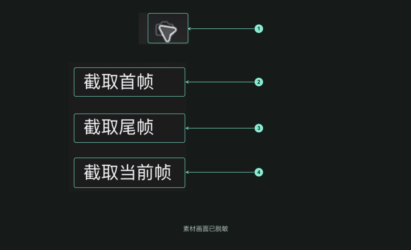 只保留真实控件的截帧菜单，素材画面已脱敏：1 截帧入口，2 截取首帧，3 截取尾帧，4 截取当前帧。