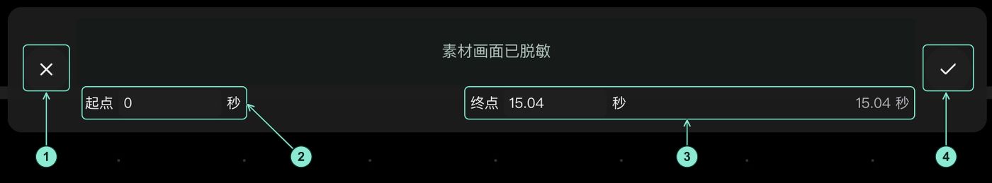 真实视频剪辑控制栏，缩略时间条已完全不透明遮盖并注明素材画面已脱敏：1 取消，2 起点秒数，3 终点秒数与所选时长，4 确认。